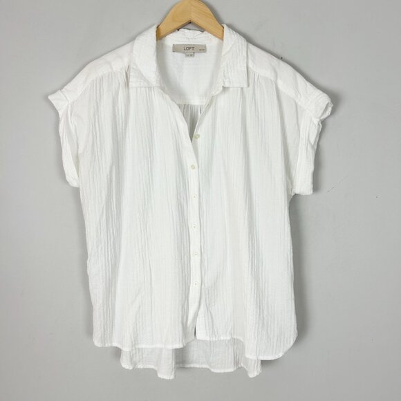 Loft Gauzy White Button Down Shirt Boxy Collared Hi-Low Size Petite Large Womens - Picture 1 of 4